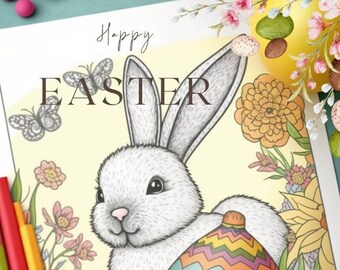 May include: A colouring page featuring a white bunny rabbit with a large, colourful Easter egg. The bunny is surrounded by flowers and greenery. The text "Happy Easter" is at the top of the page.