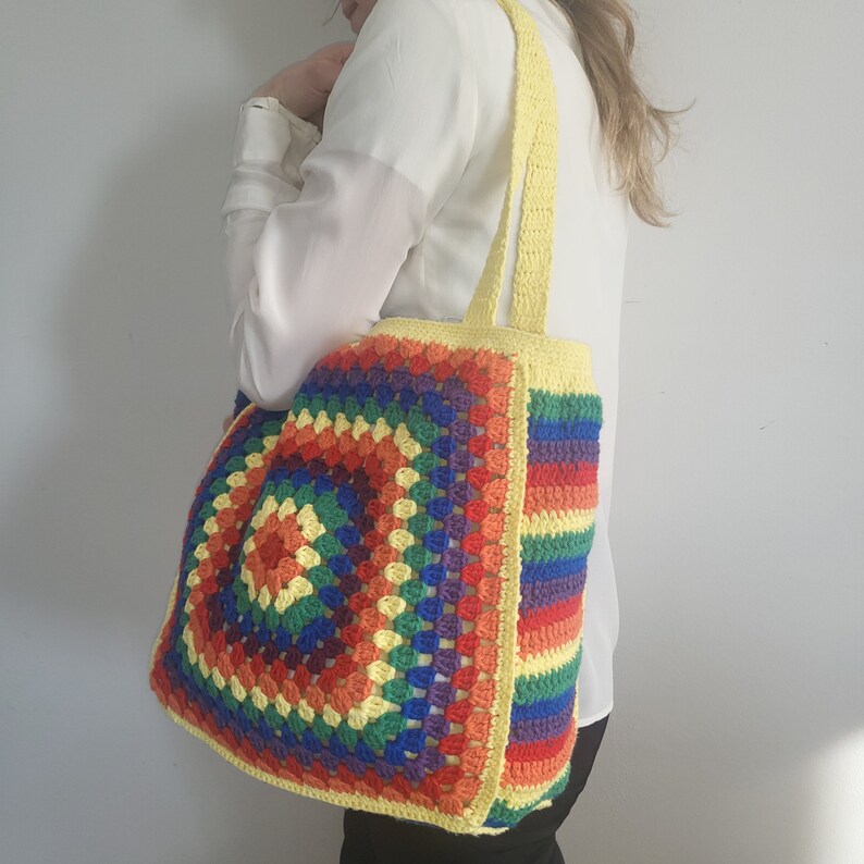 Granny Square Tote Rainbow Crochet Bag With Optional Raffia - Etsy