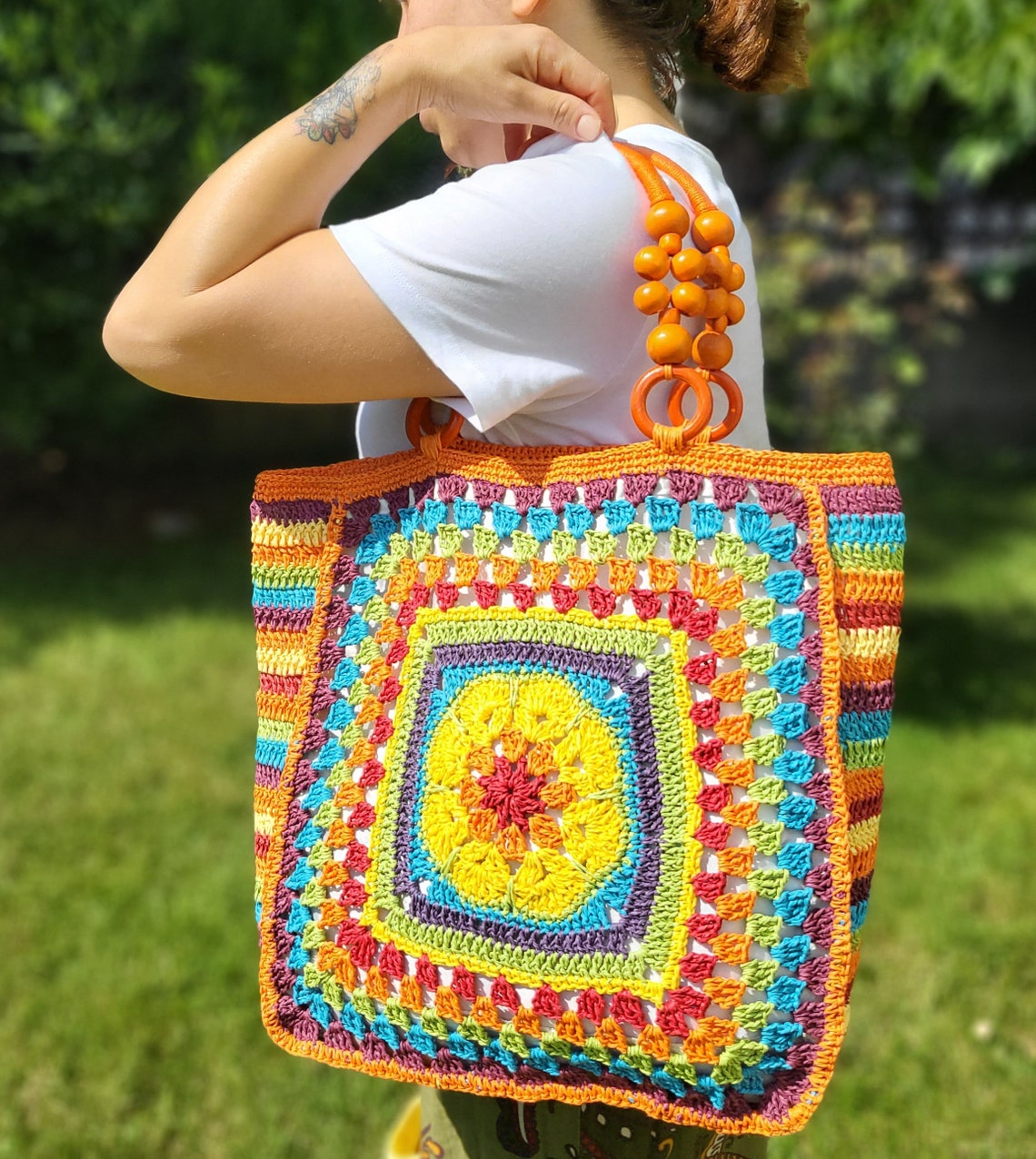 Granny Square Tote Rainbow Crochet Bag With Optional Raffia - Etsy