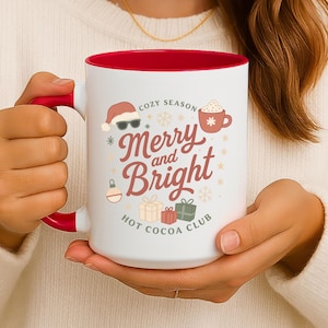 Hot Cocoa Club Mug: Merry and Bright Holiday Ceramic Coffee Cup