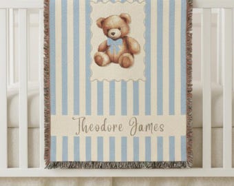 Personalized Teddy Bear Woven Baby Blanket, Custom Name Nursery Keepsake