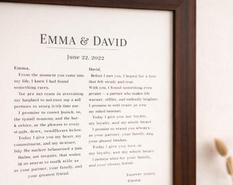 May include: A framed print with a dark brown wooden frame. The print features the names "EMMA & DAVID" and the date "June 22, 2022" at the top, with a poem below. The text is in a classic serif font.