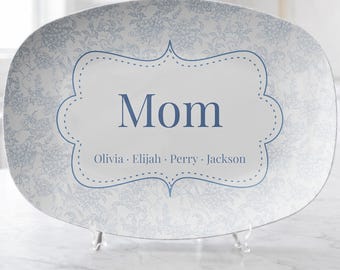 Personalized Mom Platter, Blue Floral Serving Tray, Custom Family Keepsake