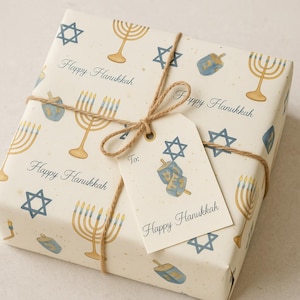 Printable Menorah Hanukkah Gift Wrap – Digital Wrapping Paper | Watercolor Dreidel Download
