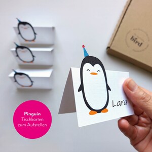 Beschreibbare Tischkarten für den Kindergeburtstag – Motiv: Pinguin 
Handgefertigt, formgestanzt, gedruckt auf hochwertigem 250 g/m² Feinstpapier.