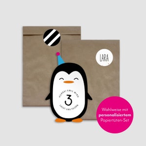 Personalisierte Einladungskarten für den Kindergeburtstag – Motiv: Pinguin. Rückseite mit Vordruckt zum Ausfüllen. Wahlweise mit personalisiertem Papiertüten-Set.
Handgefertigt, formgestanzt, gedruckt auf hochwertigem 300 g/m² Feinstpapier