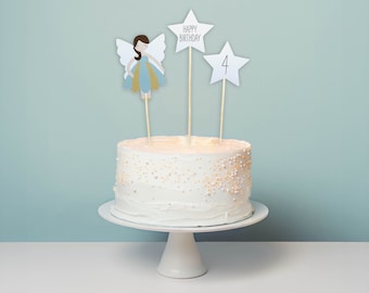 Cake Topper mit Altersangabe – Fee mit Sternen – 3er-Set  |  Geburtstag Kuchenstecker  |  Kindergeburtstag Tortenstecker