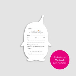 Personalisierte Einladungskarten für den Kindergeburtstag – Motiv: Pinguin. Rückseite.
Handgefertigt, formgestanzt, gedruckt auf hochwertigem 300 g/m² Feinstpapier