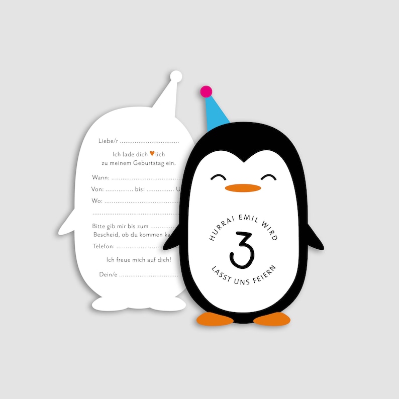 Personalisierte Einladungskarten für den Kindergeburtstag – Motiv: Pinguin. Rückseite mit Vordruckt zum Ausfüllen.
Handgefertigt, formgestanzt, gedruckt auf hochwertigem 300 g/m² Feinstpapier