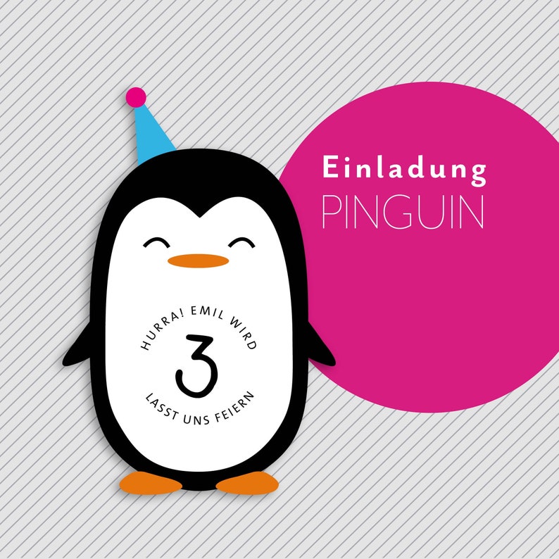 Personalisierte Einladungskarten für den Kindergeburtstag – Motiv: Pinguin. Rückseite mit Vordruckt zum Ausfüllen.
Handgefertigt, formgestanzt, gedruckt auf hochwertigem 300 g/m² Feinstpapier