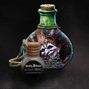May include: A small glass bottle with a wooden cap and a black and white label that reads "Denary Alchemist Jester's Mirth". The bottle is hanging from a string and is in front of a larger green bottle with a similar label that reads "Jester's Mirth". The larger bottle has a jester face on the label.