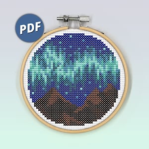 Northern Lights cross stitch pattern, Aurora borealis, polar lights, mountain, sky, modern cross stitch