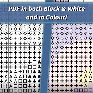 May include: A cross stitch pattern grid featuring symbols and letters on a white background. The left side is black and white, while the right side includes pastel purple, yellow, and dark purple blocks. Text reads: PDF in both Black & White and in Colour!