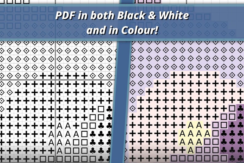 May include: A cross stitch pattern grid featuring symbols and letters on a white background. The left side is black and white, while the right side includes pastel purple, yellow, and dark purple blocks. Text reads: PDF in both Black & White and in Colour!