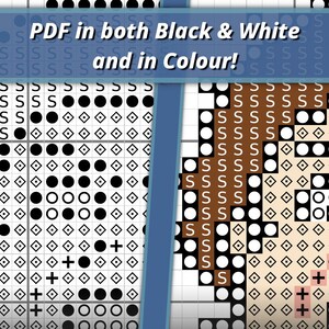 May include: A cross-stitch pattern chart displayed in two formats, black and white on the left and color on the right, featuring symbols like circles, diamonds, and the letter S. The text PDF in both Black & White and in Colour! is visible.