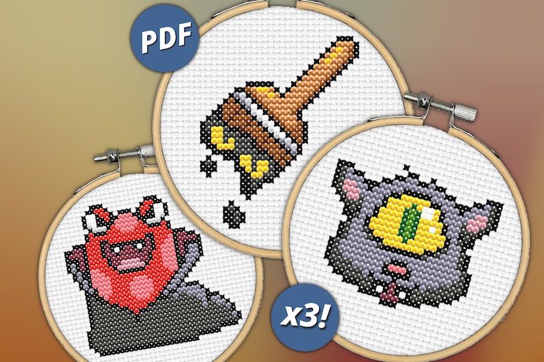 Neopets Halloween Cross Stitch Pattern: Slorg, Meowclops, Paint Brush (PDF) image 1