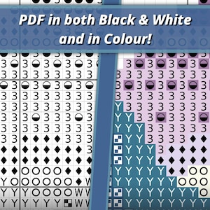 Puede incluir: Un patr&oacute;n de punto de cruz mostrado en dos versiones, una en blanco y negro y otra en color, con una cuadr&iacute;cula de s&iacute;mbolos y n&uacute;meros. El texto PDF in both Black & White and in Colour! est&aacute; superpuesto en la parte superior.