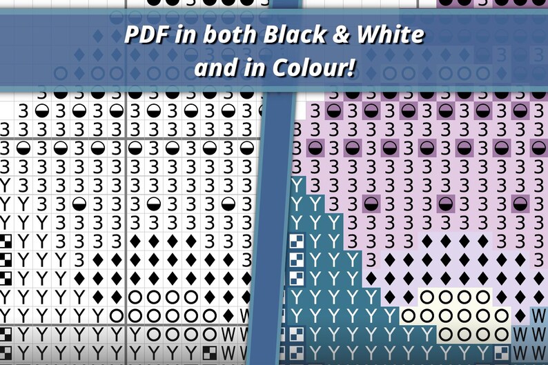 Puede incluir: Un patr&oacute;n de punto de cruz mostrado en dos versiones, una en blanco y negro y otra en color, con una cuadr&iacute;cula de s&iacute;mbolos y n&uacute;meros. El texto PDF in both Black & White and in Colour! est&aacute; superpuesto en la parte superior.