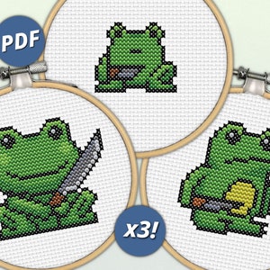 Frog with knife cross stitch pattern, small, frogging, knife, cute, modern chart, PDF, simple