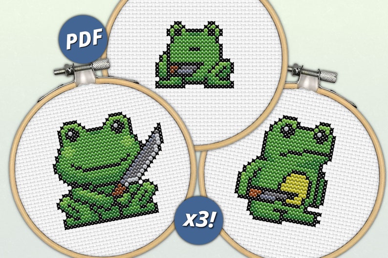 May include: Three cross-stitch patterns featuring green frogs with knives. The patterns are in PDF format and are available as a set of three.