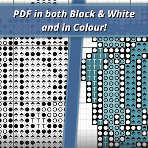 May include: A cross stitch pattern displayed in two formats, featuring a black and white grid on the left and a blue and white grid on the right. The text PDF in both Black & White and in Colour! is overlaid across the top of the image.