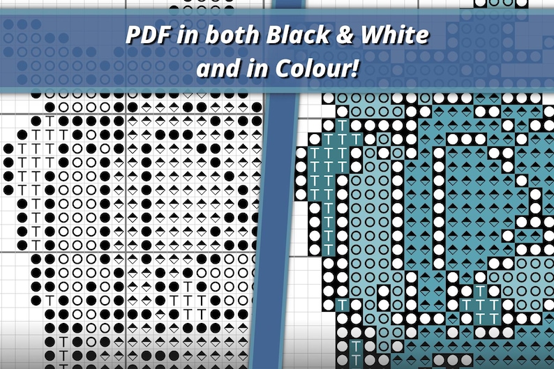 May include: A cross stitch pattern displayed in two formats, featuring a black and white grid on the left and a blue and white grid on the right. The text PDF in both Black & White and in Colour! is overlaid across the top of the image.
