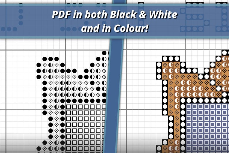 May include: A cross-stitch pattern displayed on a grid, featuring a black and white version on the left and a color version on the right. The text at the top reads: PDF in both Black & White and in Colour! The design uses symbols and squares.