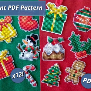 May include: A collection of colorful, pixelated Christmas ornaments, including a bell, gift boxes, a snowman, and a gingerbread man. The image has the text "Instant PDF Pattern" and "x12!" and "PDF". The ornaments are on a red and green background.