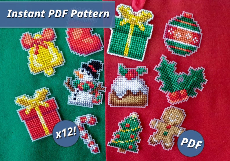 May include: A collection of colorful, pixelated Christmas ornaments, including a bell, gift boxes, a snowman, and a gingerbread man. The image has the text "Instant PDF Pattern" and "x12!" and "PDF". The ornaments are on a red and green background.