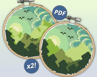 Patrón de punto de cruz de paisaje de montaña, escena natural moderna (patrón en PDF)
