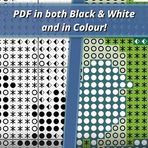Op de afbeelding: Een kruissteekpatroon weergegeven in twee formaten, met de linkerkant in zwart-witte symbolen en de rechterkant in kleurgecodeerde symbolen. De tekst "PDF in both Black & White and in Colour!" staat gecentreerd bovenaan de afbeelding.