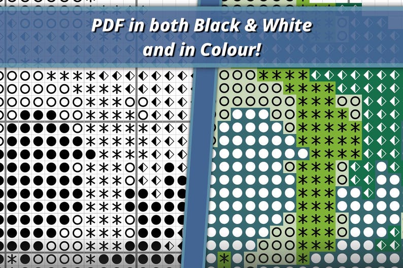 Op de afbeelding: Een kruissteekpatroon weergegeven in twee formaten, met de linkerkant in zwart-witte symbolen en de rechterkant in kleurgecodeerde symbolen. De tekst "PDF in both Black & White and in Colour!" staat gecentreerd bovenaan de afbeelding.