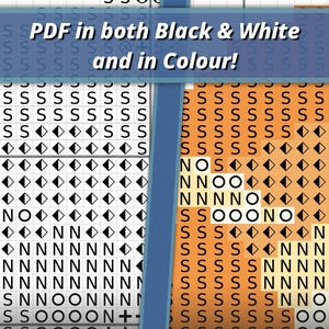 K&ouml;nnte beinhalten: Ein Kreuzstichmuster-Raster in zwei Versionen, eine in Schwarz-Wei&szlig; und eine in Farbe, mit verschiedenen Symbolen wie Buchstaben und Formen. Ein blaues Banner oben enth&auml;lt den Text PDF in both Black & White and in Colour!