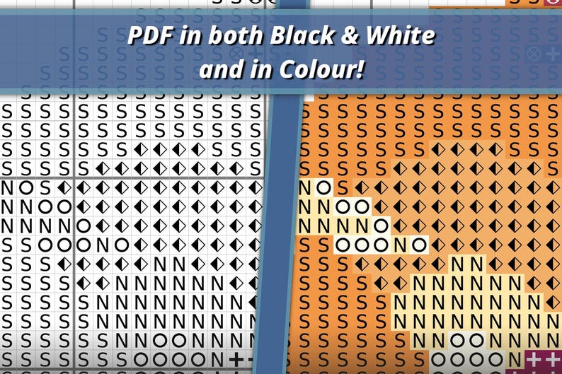 K&ouml;nnte beinhalten: Ein Kreuzstichmuster-Raster in zwei Versionen, eine in Schwarz-Wei&szlig; und eine in Farbe, mit verschiedenen Symbolen wie Buchstaben und Formen. Ein blaues Banner oben enth&auml;lt den Text PDF in both Black & White and in Colour!