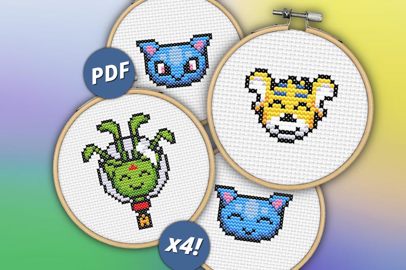 May include: Four embroidery hoop patterns featuring pixelated animal designs. The designs include a blue cat, a yellow tiger, a green plant, and a blue cat with closed eyes. The hoops are white with a wooden frame. The text "PDF" and "x4!" are visible in the image.