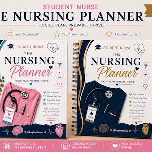 Może przedstawiać: Dwa spiralne planery dla studentów pielęgniarstwa zatytułowane The Nursing Planner. Jedna okładka przedstawia różowy mundurek ze stetoskopem i identyfikatorem, druga granatowy. Obie zawierają tekst: Focus. Plan. Prepare. Thrive. oraz Stay Organized.