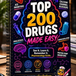 May include: A spiral-bound pharmacology study guide with a black cover featuring neon-style illustrations of a heart, brain, stomach, syringe, and inhaler. The text reads TOP 200 DRUGS MADE EASY, See It. Learn It. Remember It. Pharmacology Guide.
