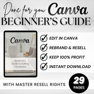 May include: A digital Canva Beginner's Guide with the text "Done for you Canva BEGINNER'S GUIDE". The guide includes "Edit in Canva", "Rebrand & Resell", "Keep 100% Profit", and "Instant Download". The guide has 29 pages.