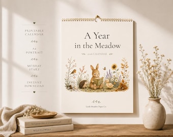 Calendario de pared imprimible 2026 / Tamaño A4, inicio en lunes / Planificador con diseño de conejito estilo cottagecore / PDF mensual / Decoración adorable para la oficina en casa / Descarga instantánea