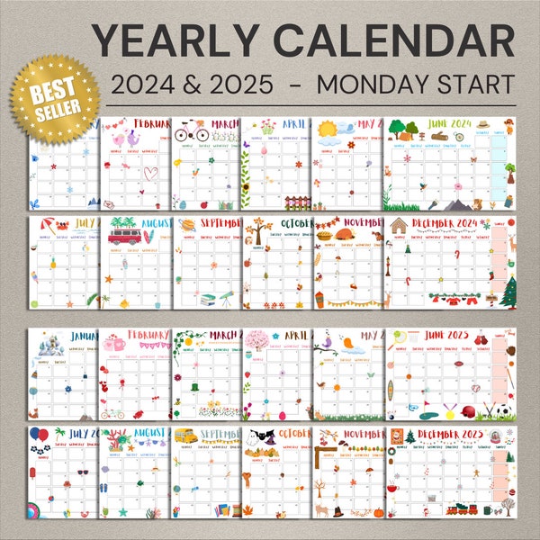 Cute Printable School Calendar 2024 & 2025. Monthly planner ready to print. Academic full year calendar for kids. PDF file digital download.