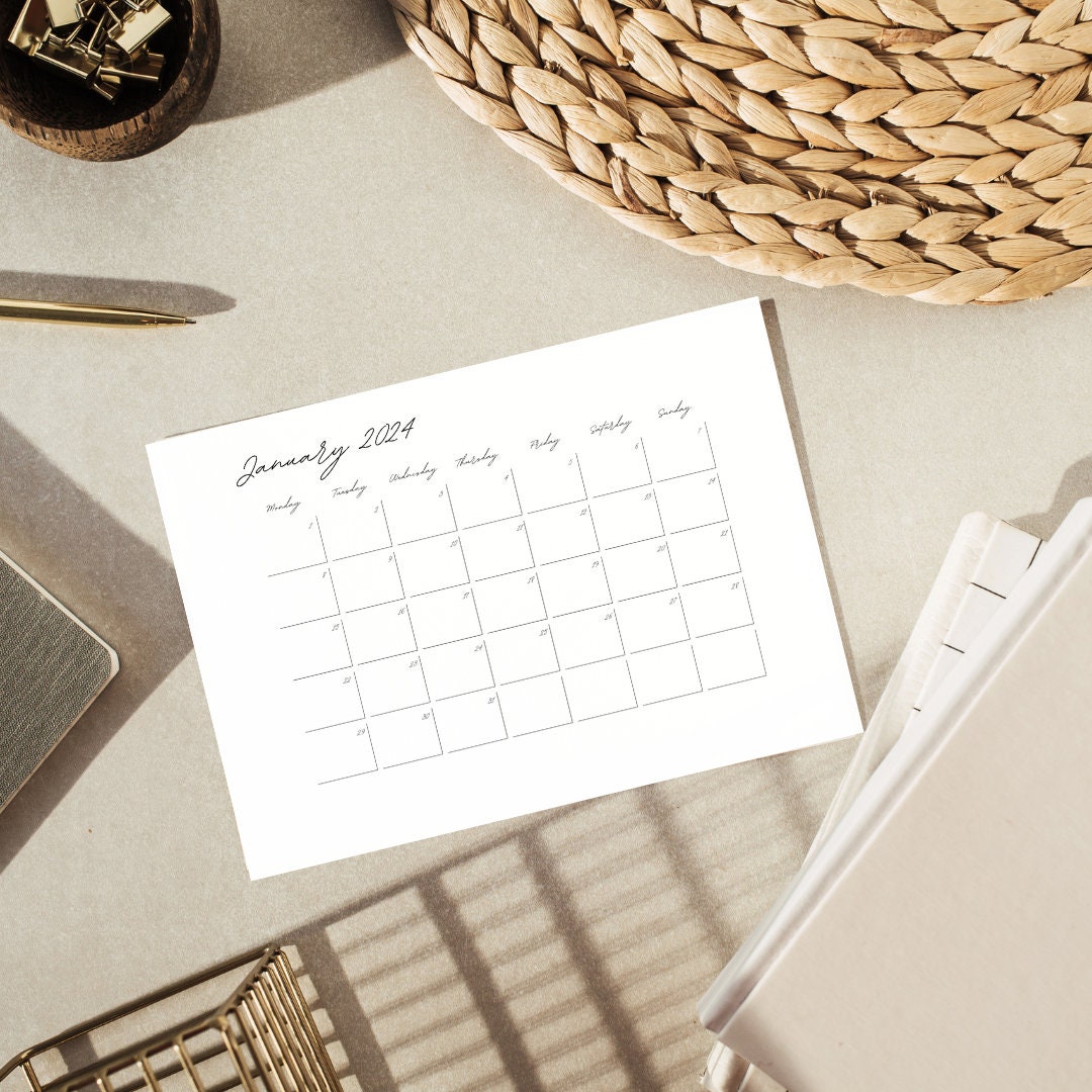 Minimalist Printable Calendar 2024 A4 and A3 Landscape Monday to Sunday