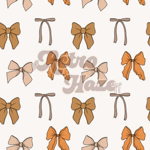 May include: A seamless pattern featuring various styles of bows in shades of orange and beige. The bows are arranged in a repeating pattern on a white background.
