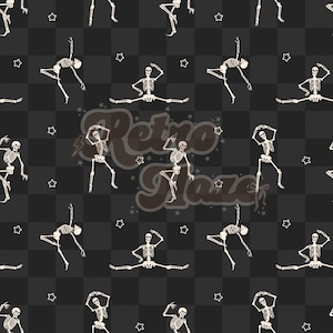 May include: A repeating pattern featuring white skeleton figures in various dance poses on a dark grey checkered background. The phrase "Retro Maze" is displayed in a retro font. Small white stars are scattered throughout the design.