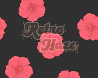Patrón sin costuras de flor de hibisco hawaiana / Carbón, rosa retro (PNG digital)