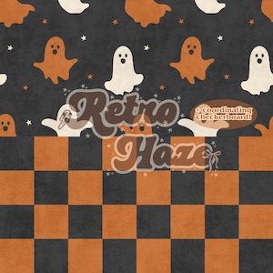 May include: A Halloween-themed digital pattern featuring orange and white ghosts, stars, and a checkerboard design in orange and black. The words "Retro Haze" are in a retro font, with the text "+ coordinating checkerboard!"