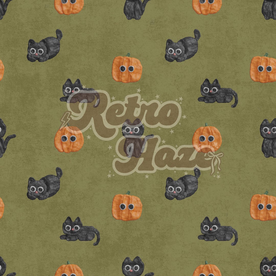 Vintage Halloween Cats and Pumpkins Seamless Pattern (digital Design ...