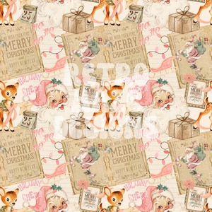 Vintage Christmas Collage, Seamless Pattern, Christmas, Pink