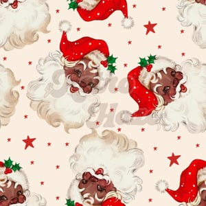 May include: A seamless pattern featuring a repeating design of Father Christmas with a white beard and red hat. The background is a light cream colour with red stars scattered throughout.