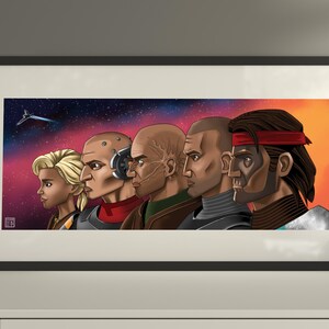 May include: Framed artwork depicting six characters in profile, set against a space-themed backdrop. The characters display varied skin tones and hairstyles. The artwork is presented on a white shelf with a decorative vase.