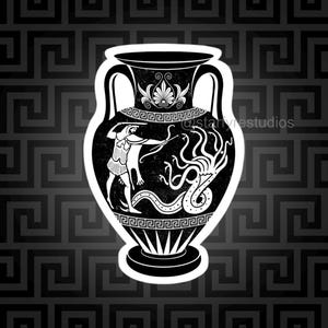 May include: A black and white sticker featuring a Greek-style amphora vase. The design depicts a figure with a bow and arrow confronting a multi-headed serpent. The vase is decorated with traditional geometric patterns and floral motifs.